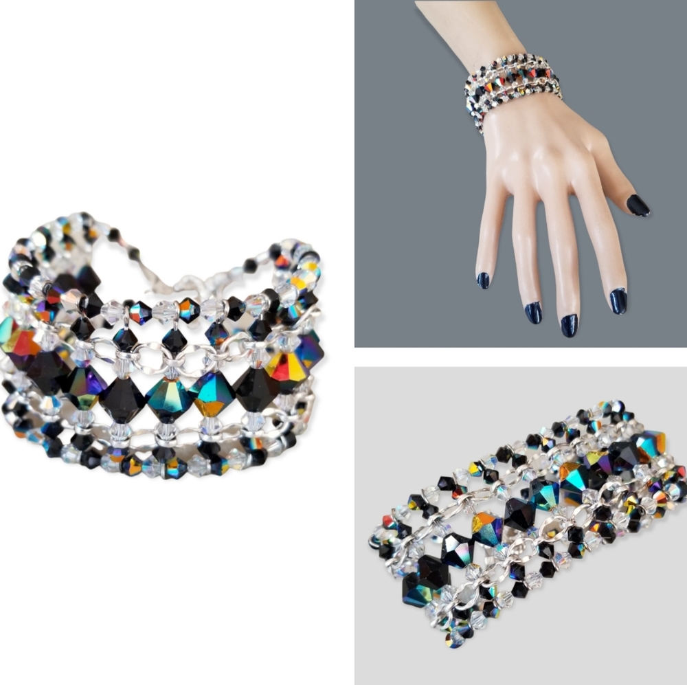 Hand Crafted Swarovski Crystal Woven Bracelet Silver Tone Toggle Closure